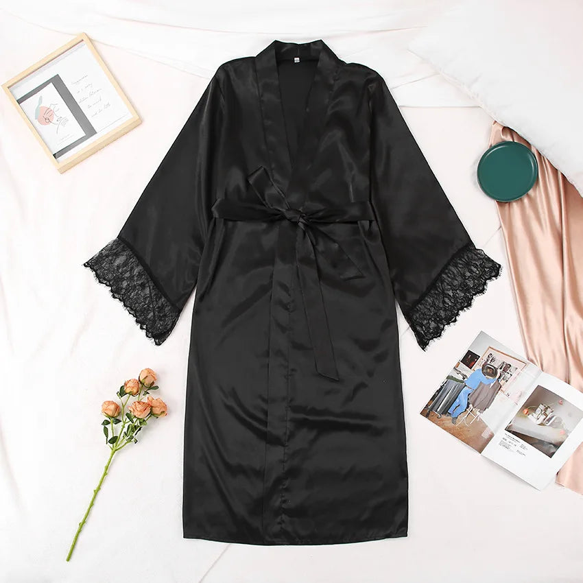 Sexy Women's Silk Satin Long Bathrobe Romance Lace Edge Kimono Robe Nightdress Nightgown Nightwear Sleepwear Home Clothes Female