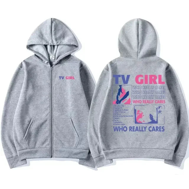 TV Girl Who Really Cares Print Zip Up Hoodie Unisex Oversized Black Streetwear Jacket