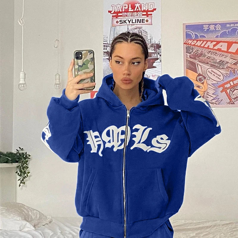 New Women's Street Style Hoodie with Foam Zipper European & American Fashion Casual Comfortable Fit Hooded Sweatshirt