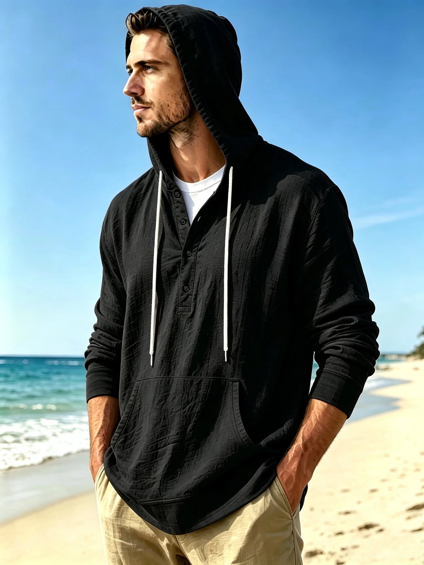 Men's Henley Hooded Casual Shirt, Beach Vacation Relaxed Style, Half Button Placket, Drawstring Hood & Kangaroo Pocket, Breathab