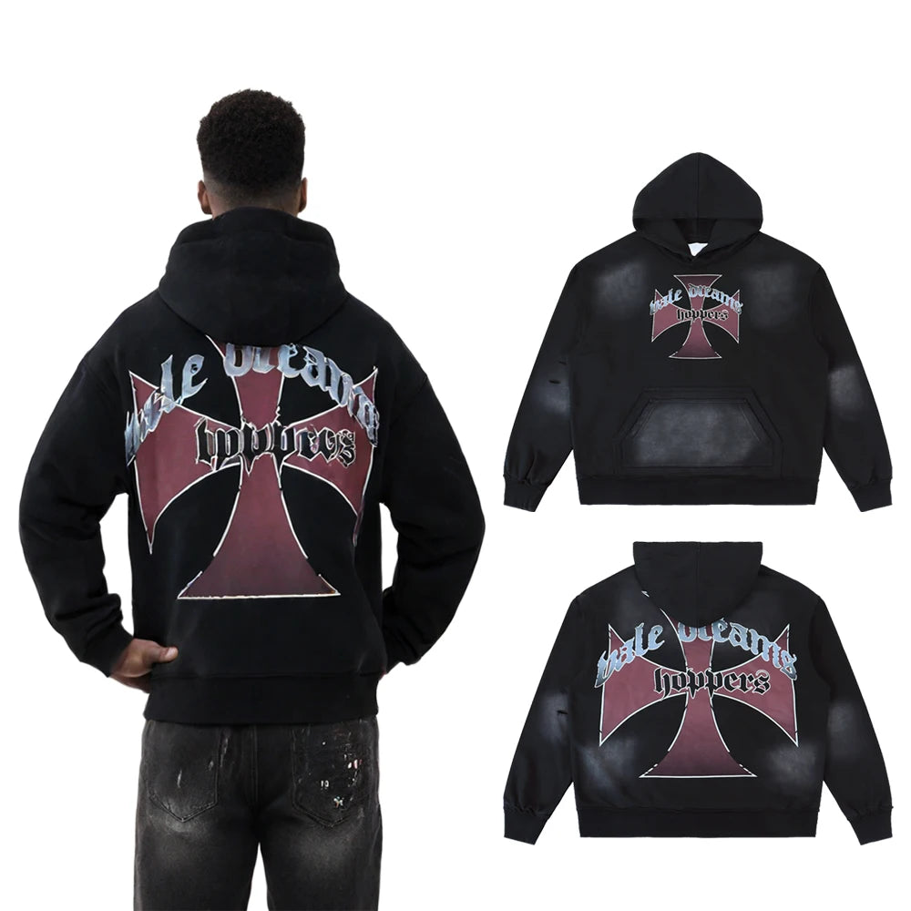 Y2k Streetwear Cross Graphic Hoodies Hiphop Street Style Heavy Weight Cotton Retro Distressed Print Ripped Hole Oversize Hoodies
