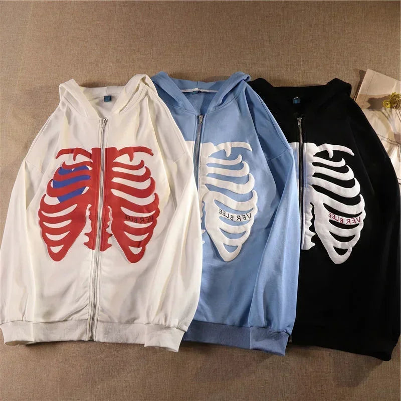 Y2K Skeleton Hoodies Women 2025 Vrouwen Gothic Zwart Zip Up Oversized Sweatshirt Dames Retro Harajuku Capuchon Streetwear Tops