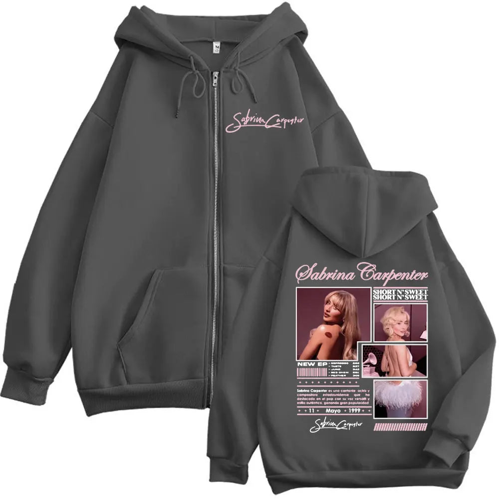 Sabrina Carpenter Short N' Sweet Merch Zipper Hoodie Fashion Aesthetic Zip Up Sweatshirt Men Women Oversized Casual Pullovers