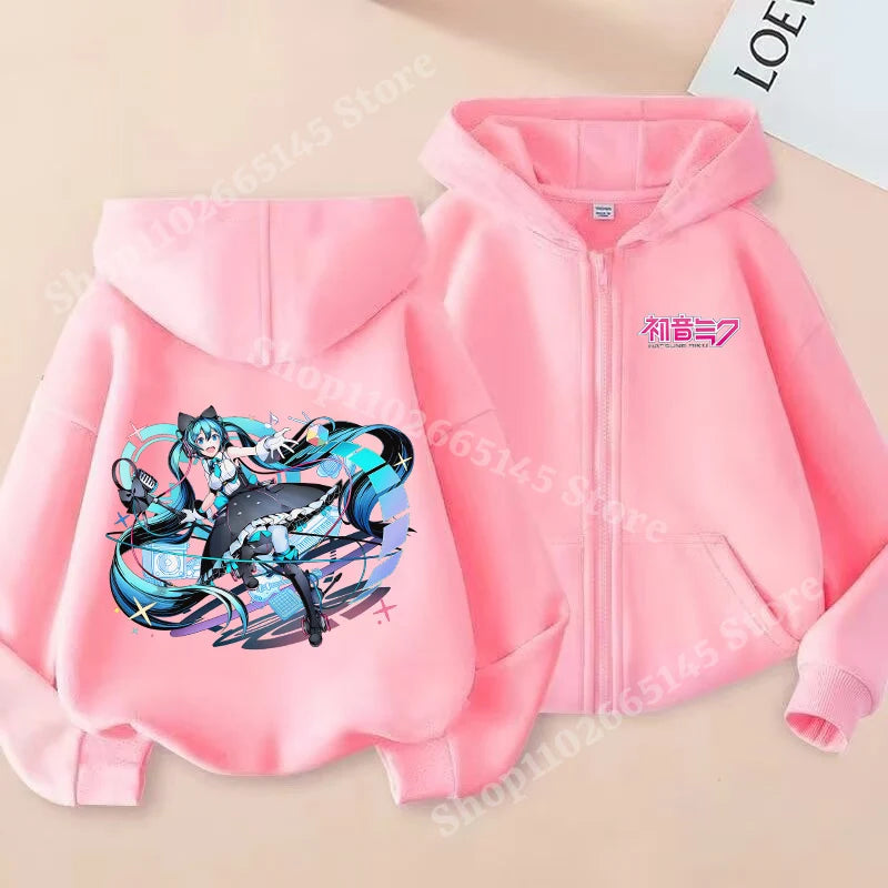 Hatsune Miku Zipper Hoodies Coat Girls Cute Hooded Cardigan Kids Spring Autumn Jacket Long Sleeves Fashion Children Clothes Gift