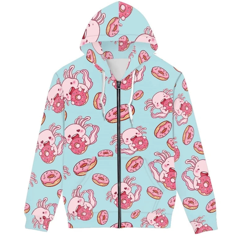 Hot Sale Cute Axolotl 3D Printed Zip Up Hoodies Men Women Outdoor Leisure Trend Sweater Graphic Hooded Sweatshirt Man Clothing