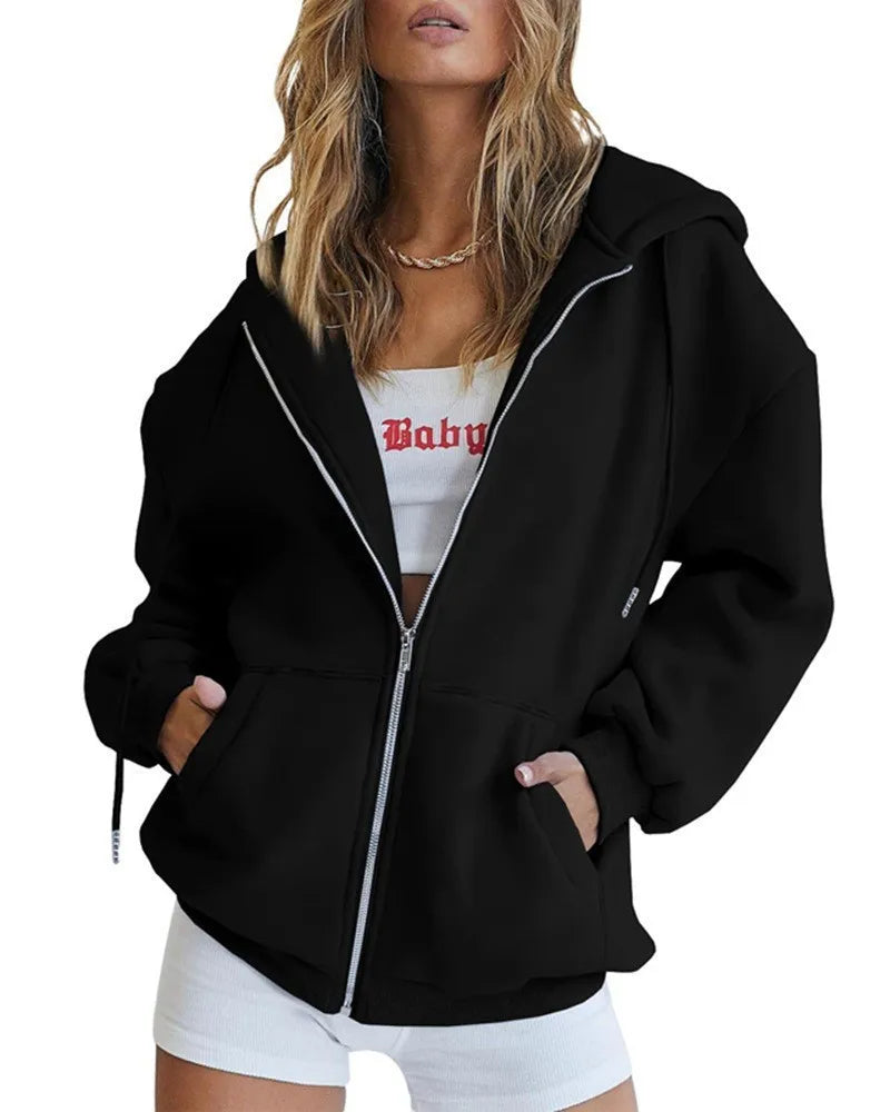 Women's Zipper Hoodie New Sweatshirt Loose Zipper Style Top Women Hooded Jacket Sweatshirt Casual Drawstring Hoodie With Pocket