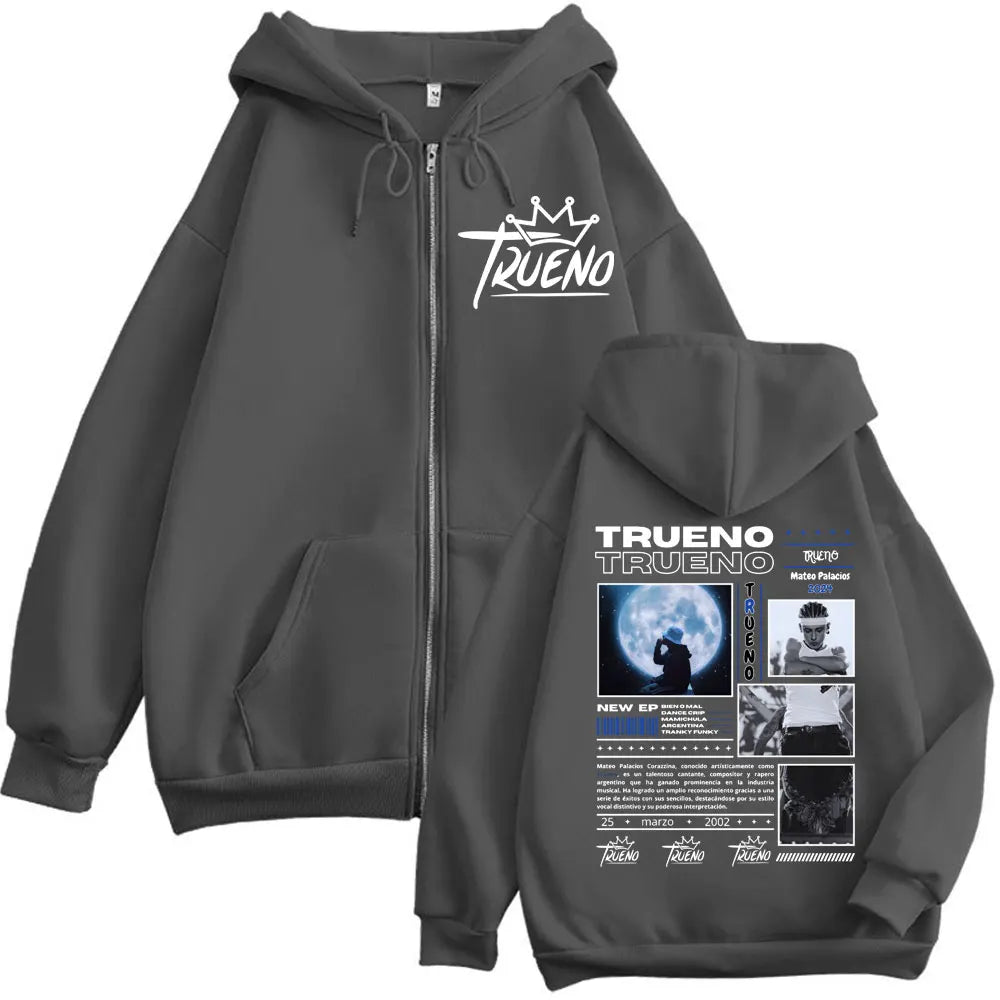 Rapper Trueno Double Sided Print Zipper Hoodie Men Women Harajuku Hip Hop Zip Up Sweatshirts Casual Fashion Oversized Pullovers