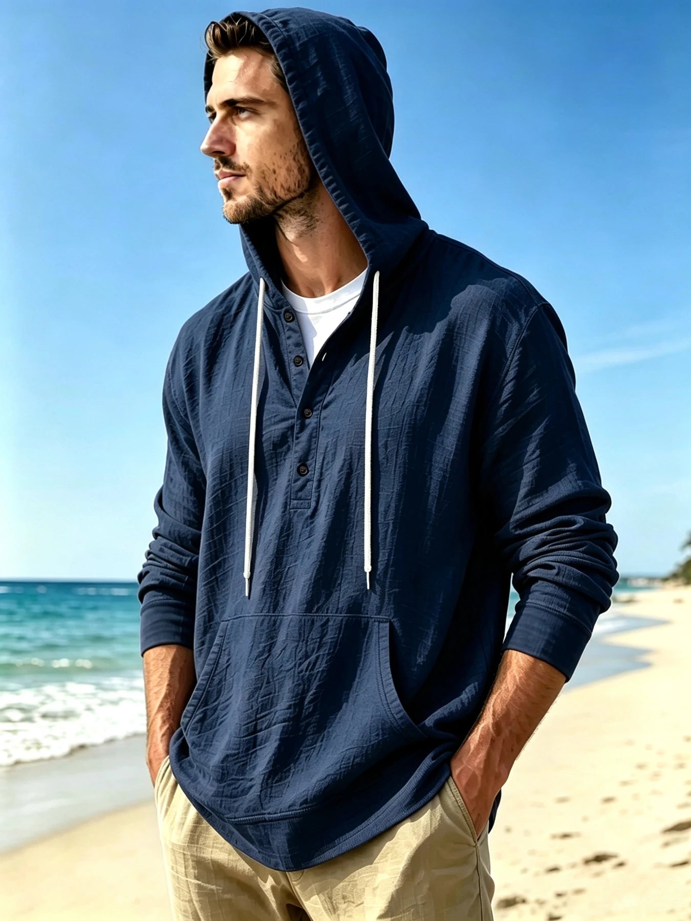 Men's Henley Hooded Casual Shirt, Beach Vacation Relaxed Style, Half Button Placket, Drawstring Hood & Kangaroo Pocket, Breathab