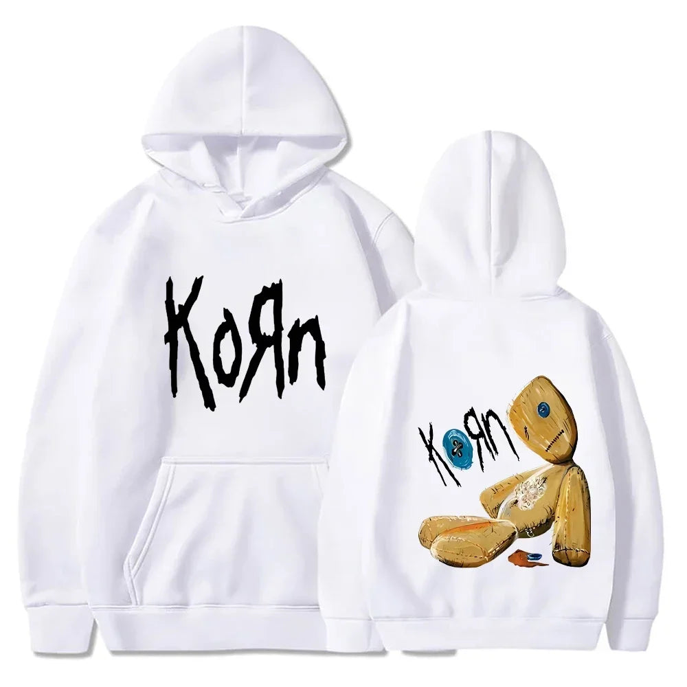 Dark Niche Nu-metal Band Hoodie with Double-sided Front and Back Voodoo Doll Logos, Loose-fit Couple Tops
