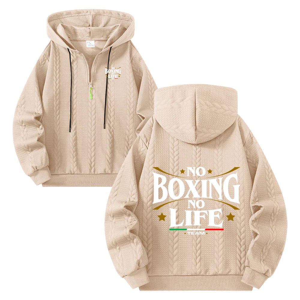 Men's Boxing Slogan Print Cable Jacquard Half Zip Hoodies Loose Casual Pullover Autumn Everyday Fashion Fitness Commute Top