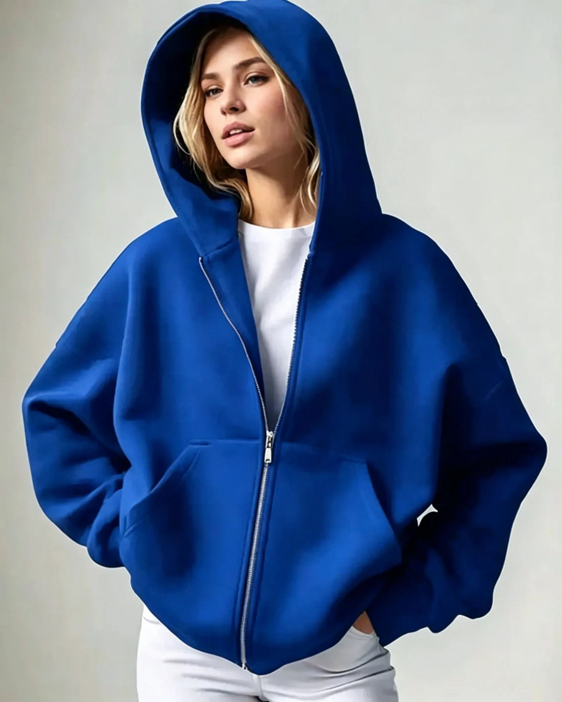 Women Solid Full Zip Up  Hoodie Casual Loose Pocket Hooded Jacket  Soft Long Sleeve Sweatshirt Autumn Winter couple Outerwear