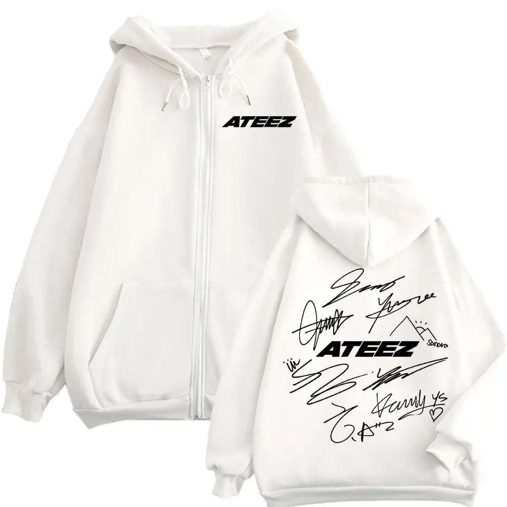 Limited Kpop ATEEZ Logo Double Sided Print Zipper Hoodie Fashion Hip Hop Zip Up Sweatshirts Men Women Casual Oversized Pullovers
