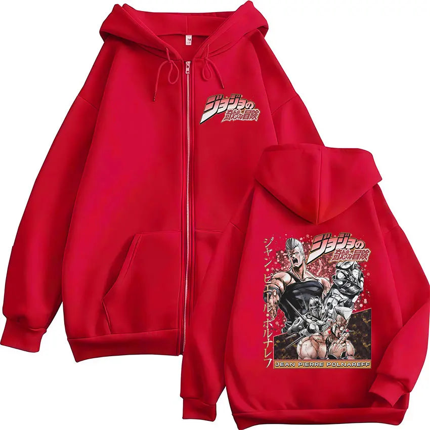 Anime JoJo Bizarre Adventure Jan Pierre Polnareff Zipper Hoodies Men Women Clothing Fashion Hip Hop Zip Up Sweatshirts Jackets