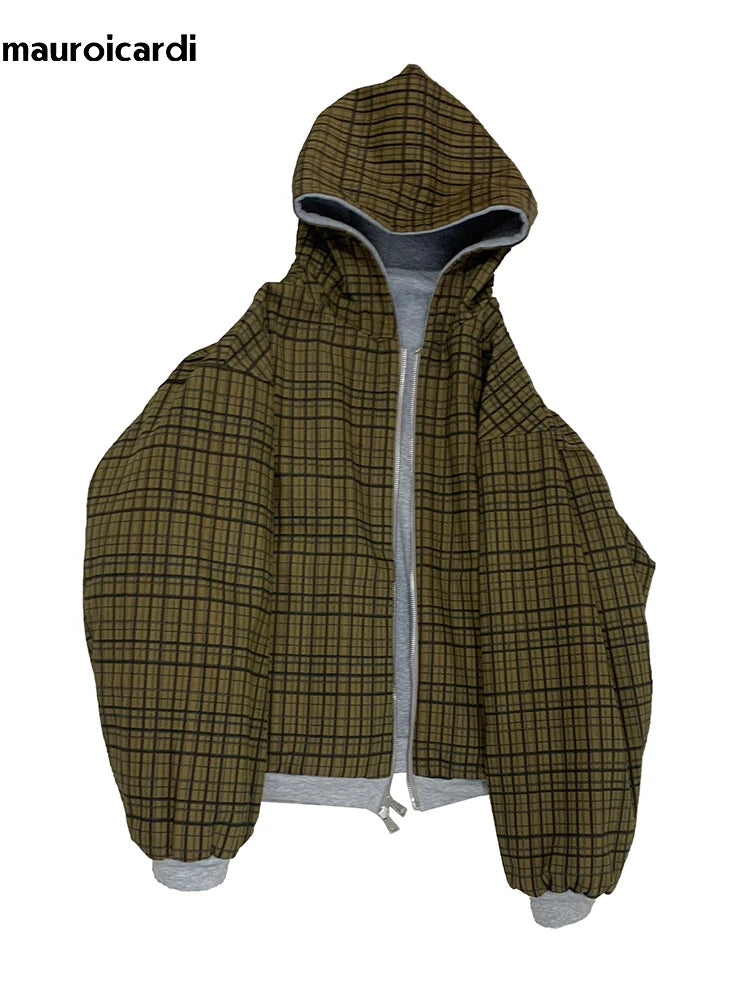 Mauroicardi Autumn Oversized Reversible Hoodies Men Loose Casual Luxury Designer Clothes Hoodie with Plaid Lining Sweatshirt