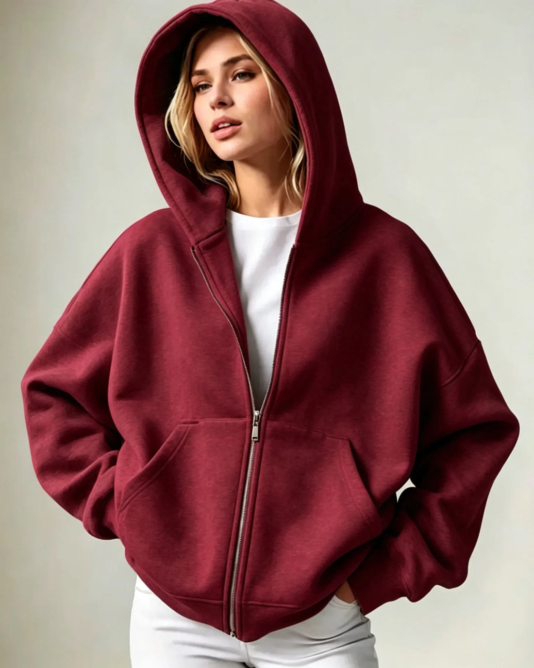 Women Solid Full Zip Up  Hoodie Casual Loose Pocket Hooded Jacket  Soft Long Sleeve Sweatshirt Autumn Winter couple Outerwear