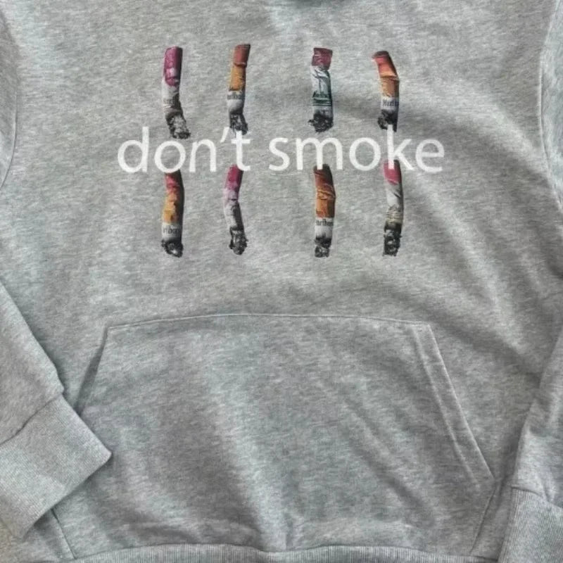 Y2K Gray Sports Hoodie Retro Smoke Print Sweater Men Women New Fashion Vintage Classic Hip Hop Streetwear Clothing Loose Jacket