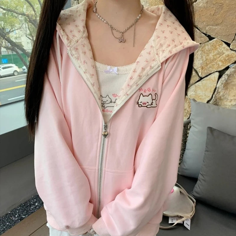 Women Pink Cutecore Hoodie Jacket Y2K Fashion Harajuku Cat Zip Up Long Sleeve Oversized Hooded Sweatshirt Cute Coat Clothes