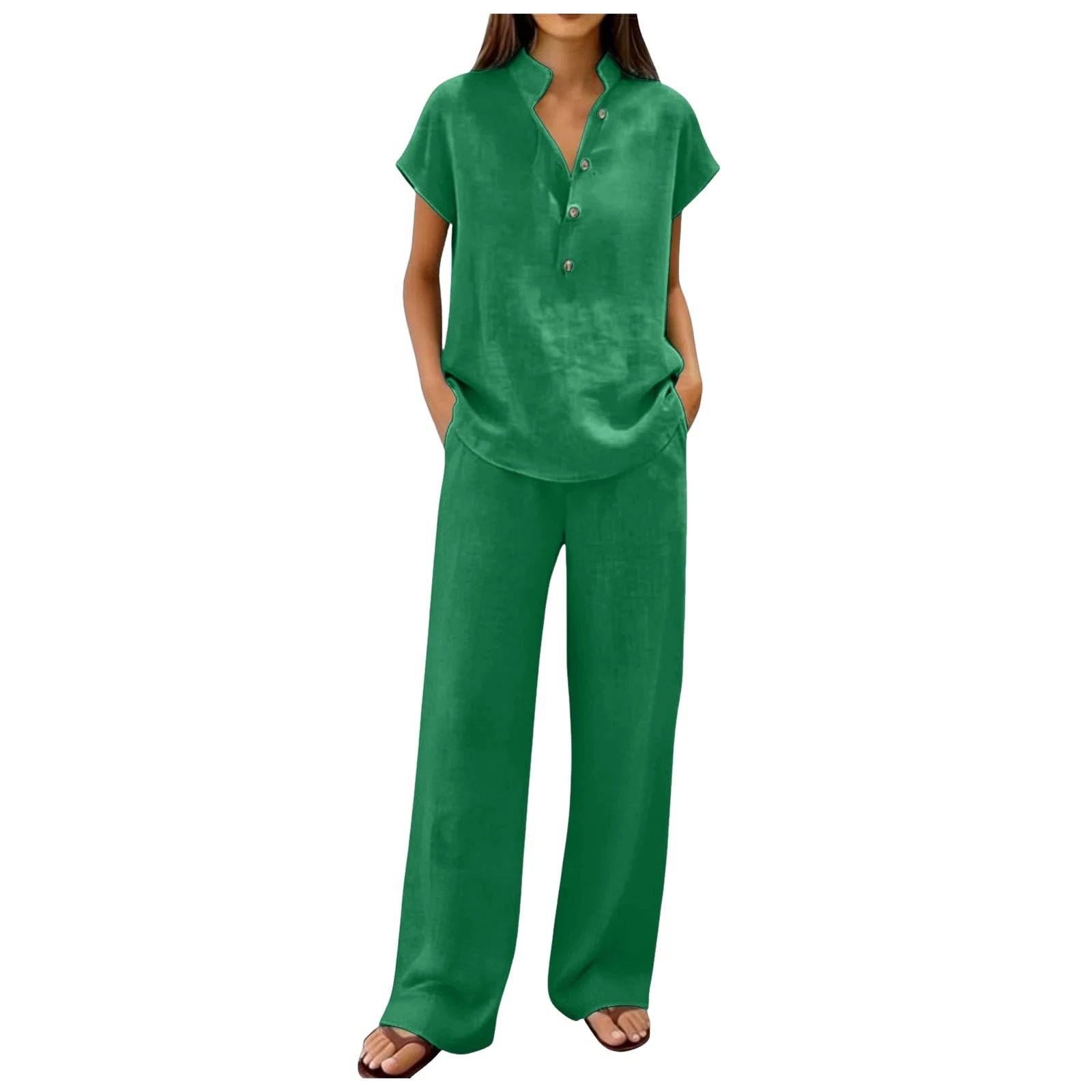 Fashion Cotton Linen Short Sleeved Women Shirt Pants Suit Spring Summer New Simple Casual Pocket Pants Female Office 2 Piece Set