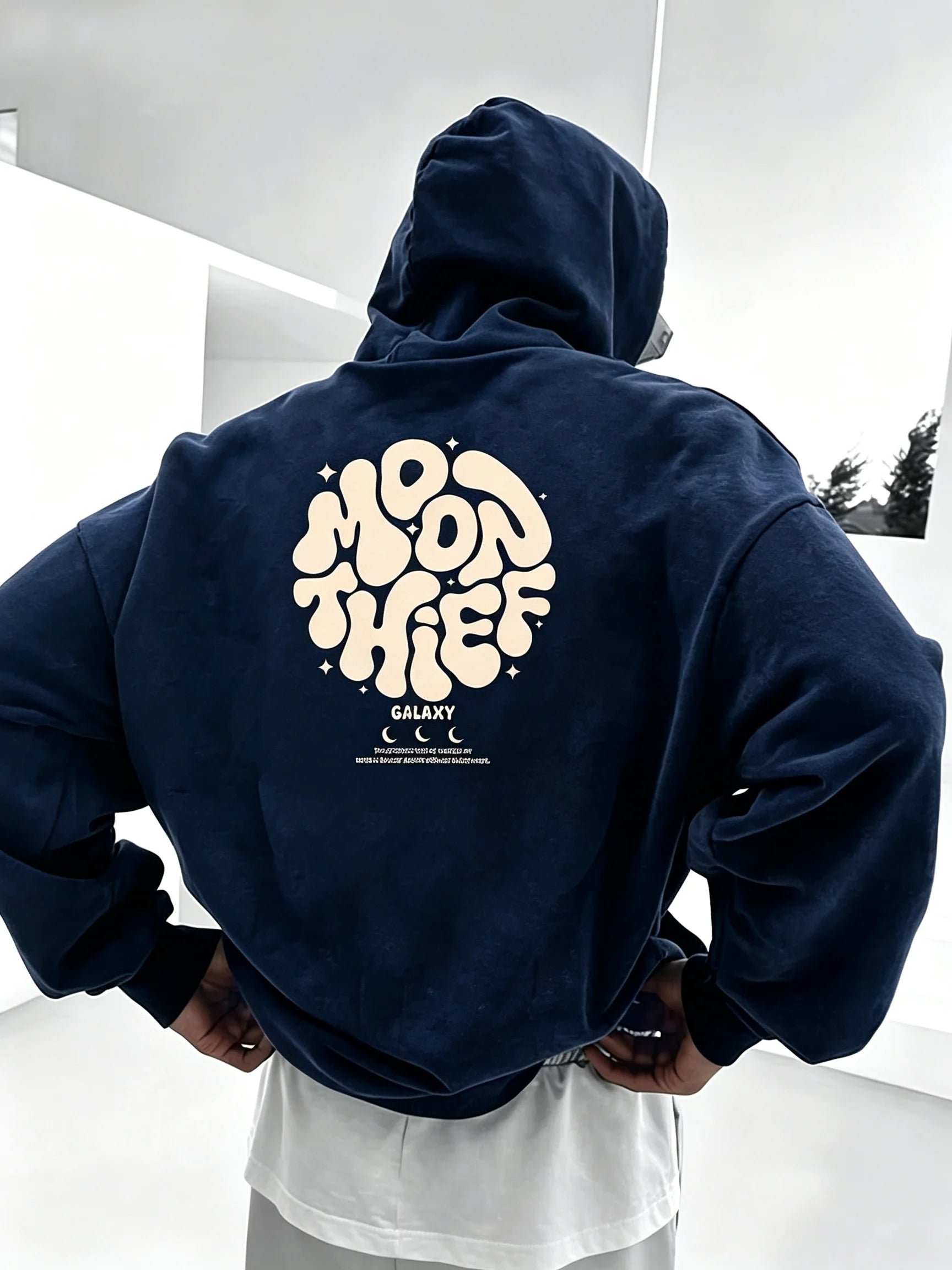 Men Autumn Winter Fleece Lined Hoodie Fashion Graphic Print Sleeve Sweatshirt Casual Sports Versatile Loose Hooded Pullover Tops