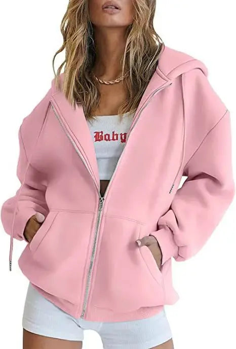 Women Solid Full Zip Up  Hoodie Casual Loose Pocket Hooded Jacket  Soft Long Sleeve Sweatshirt Autumn Winter couple Outerwear