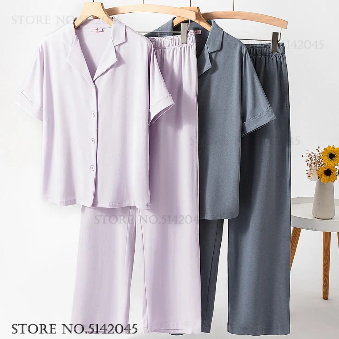 Spring Summer New 2Pcs Pajamas Set Cotton Women's Sleepwear Home Clothing Modal Short Sleeve Trouser Suit Pyjamas Lounge Wear