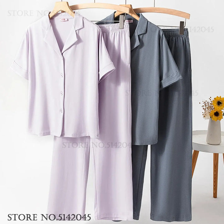 Spring Summer New 2Pcs Pajamas Set Cotton Women's Sleepwear Home Clothing Modal Short Sleeve Trouser Suit Pyjamas Lounge Wear
