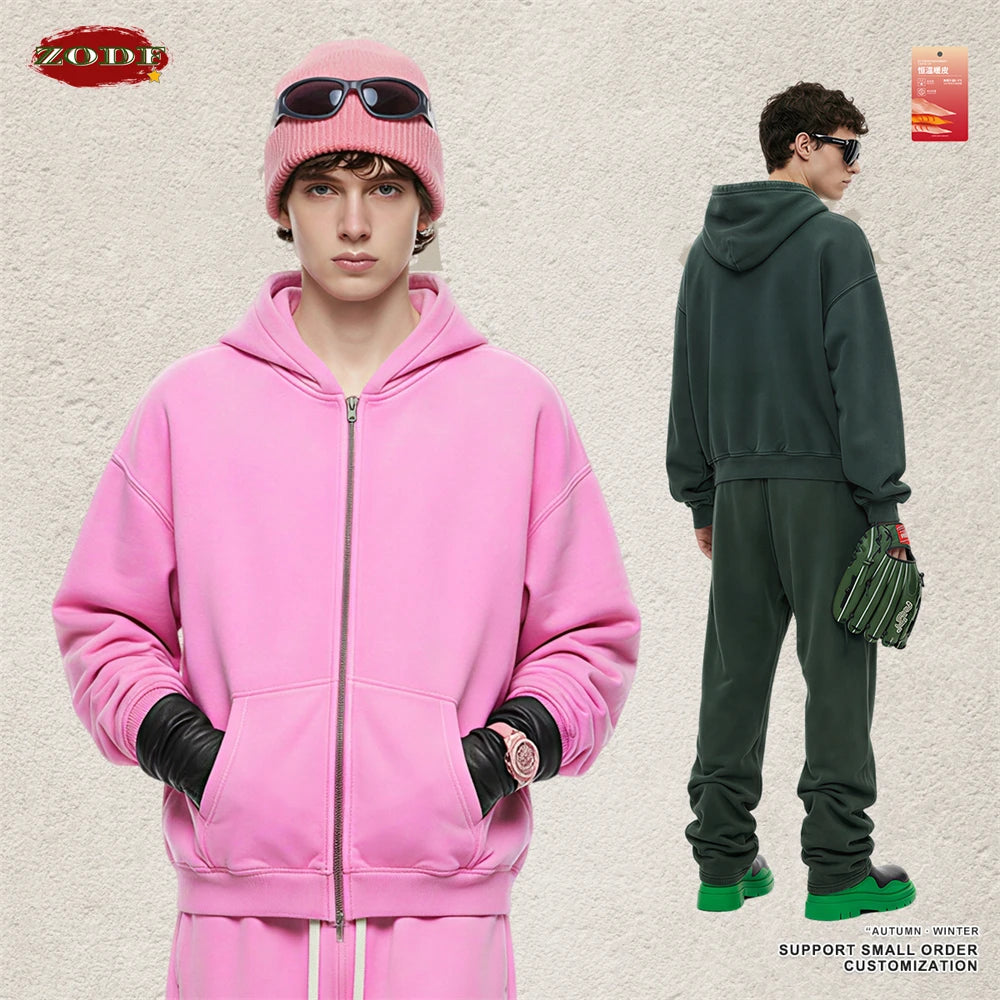 ZODF Retro Washed Man Boxy Fit 400gsm Fleece Zipper Hoodie Unisex Distressed Loose Warm Hooded Coat Jacket Brand Outwears HY1184