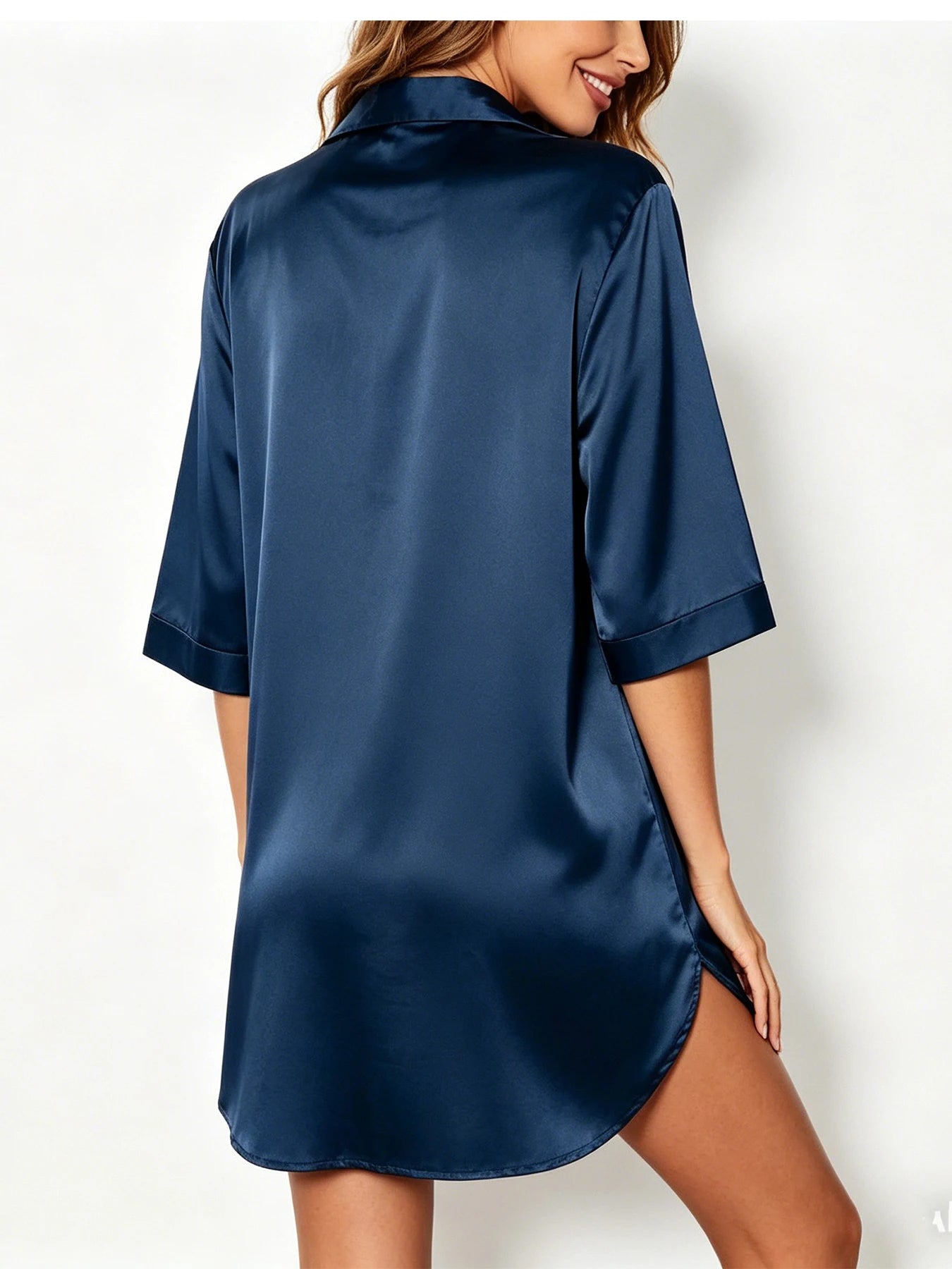 Elegant Satin Nightshirt Solid Lapel Button-Up Shirt Dress Breathable Fabric Smooth Texture Charming Women's Nightgown Sleepwear