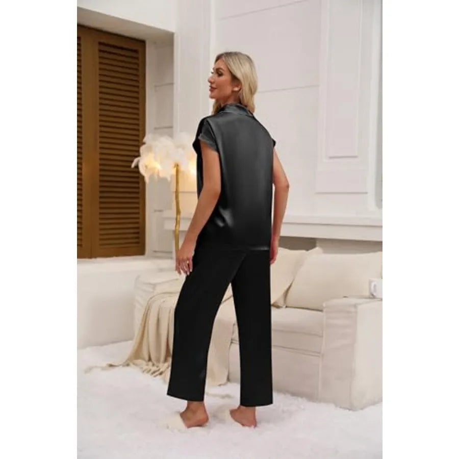 Womens Satin Pajamas Set Silky Two-piece Short Sleeve and Long Pants Sleepwear Button-Down Pj Sets With Pockets