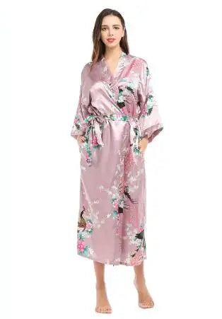 Womens Silk Satin Kimono Robes Long Sleepwear Dressing Gown Floral Peacock Printed Pattern Party Wedding Bridesmaid Bathrobe