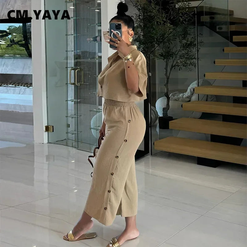 CM.YAYA Fashion Women's Set Short Sleeve shirt Blouses and Button Splicing Side Wide Leg Pants Suits 2024 Two 2Piece Set Outfits