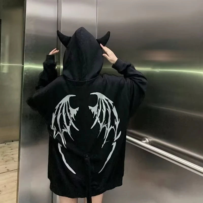 Hipster Hooded Punk Style Couple Hooded Sweatshirt Printing Zip Up Hoodies Y2K Streetwear Long Sleeve Loose Jacket Coats