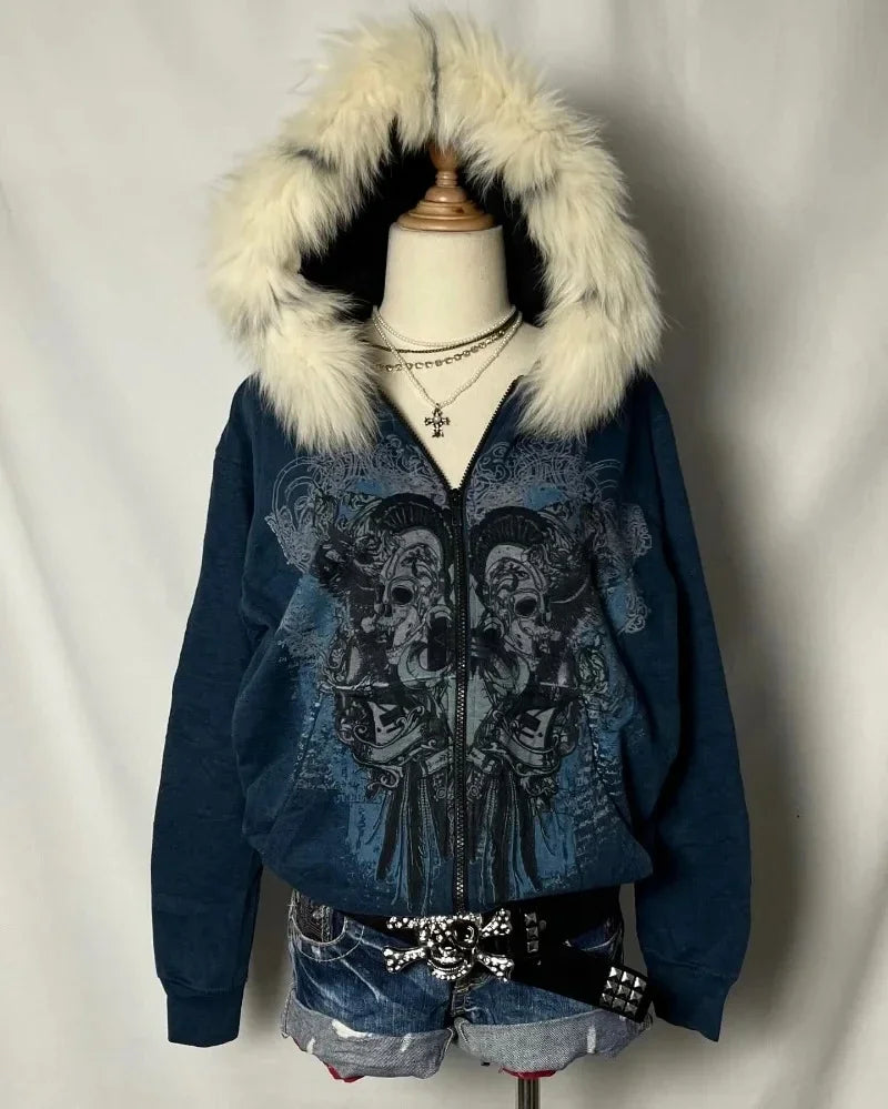 Vintage Popular New Pattern Printing Hooded Sweater Women Y2K Korean Version Tight Casual Plus Velvet Padded Joker Sports Hoodie