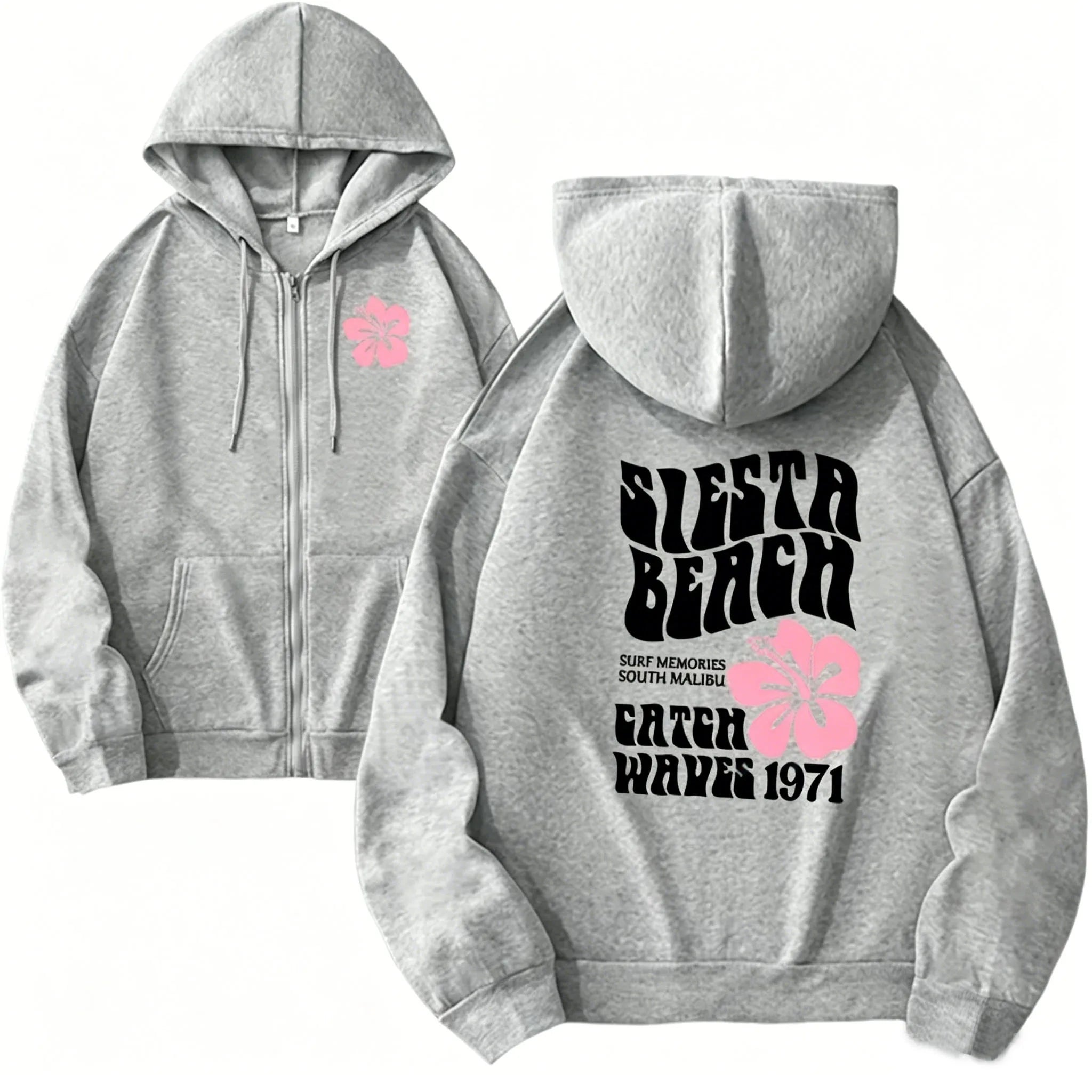 Women Zipper Cardigan Hooded Sweatshirt Jogging Lady Versatile Sport Coat Oversized Hibiscus Beach Casual Hooded Sweat Jacket