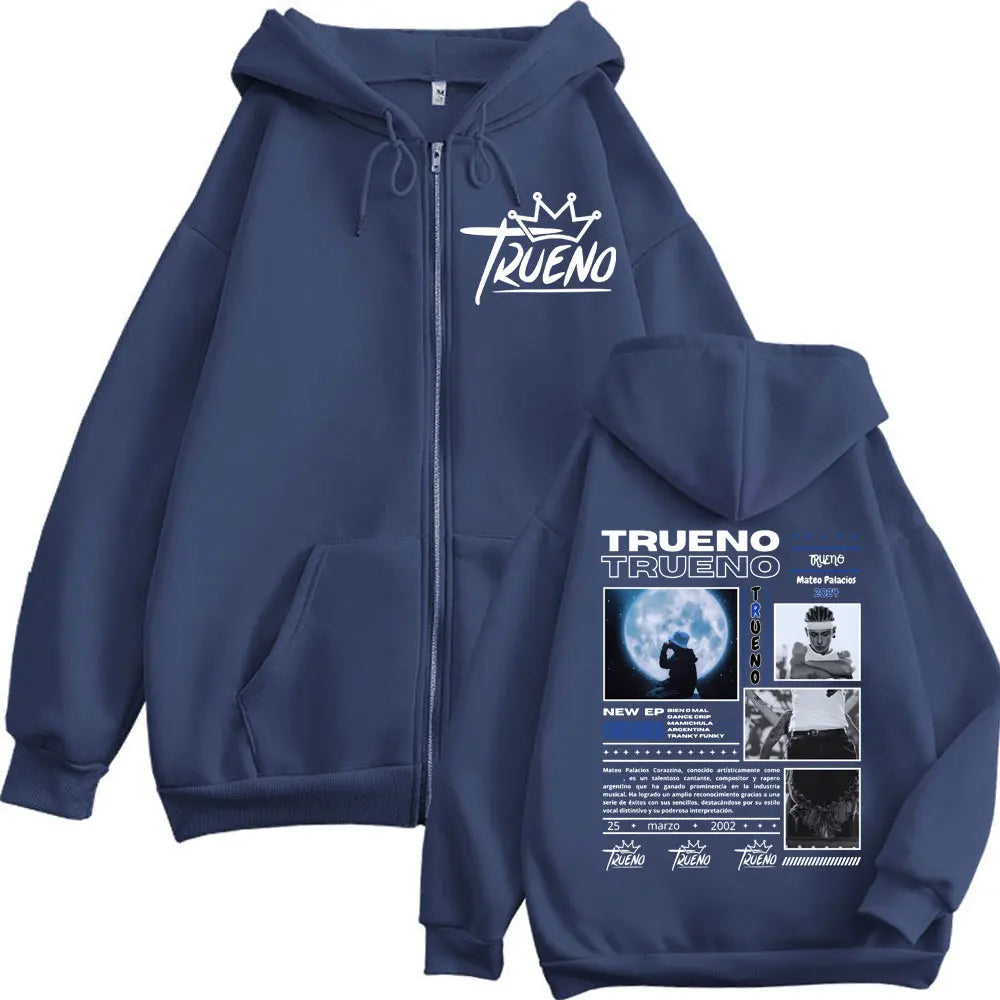 Rapper Trueno Double Sided Print Zipper Hoodie Men Women Harajuku Hip Hop Zip Up Sweatshirts Casual Fashion Oversized Pullovers