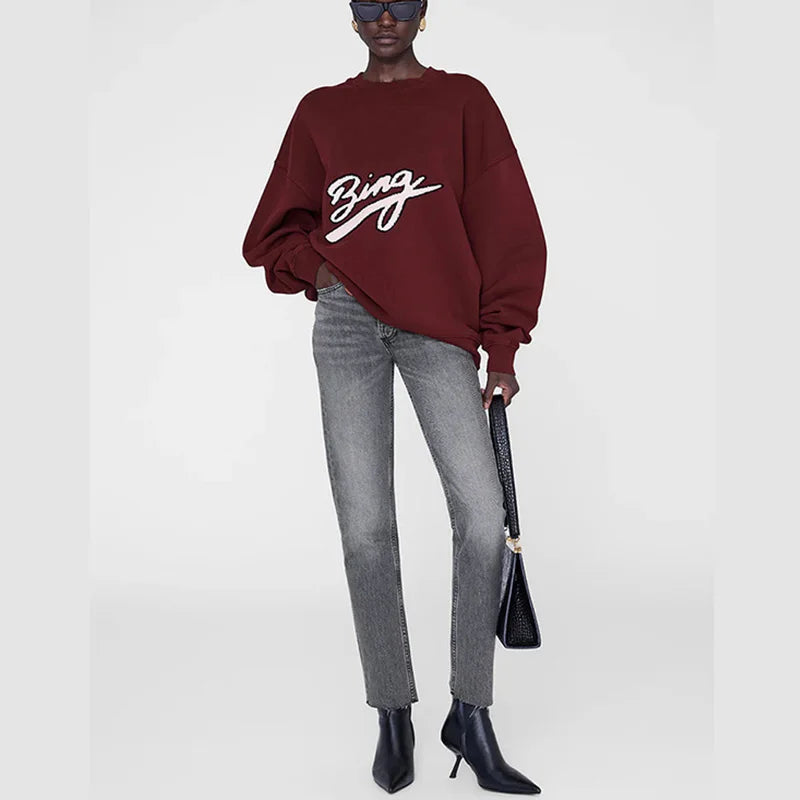 Winter new North American niche AB art word hand cranked special embroidery fleece round neck women's sweatshirt