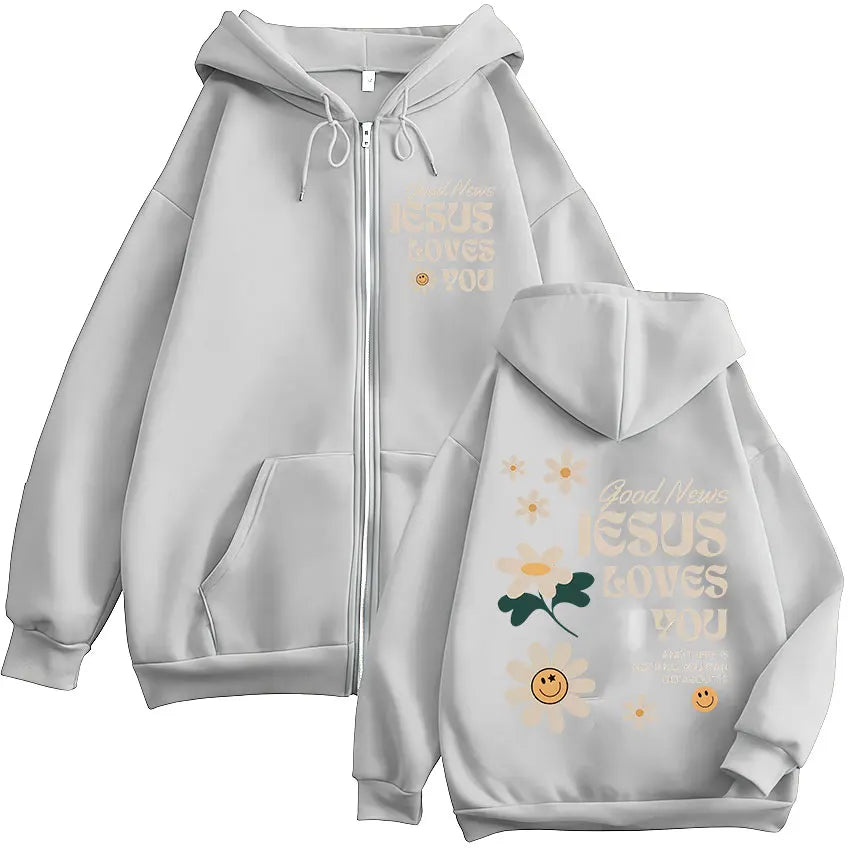 Good News Jesus Loves You Christian Zipper Hoodies Men Women Clothing Fashion Sweat Zip Up Sweatshirts Oversized Pullover Jacket