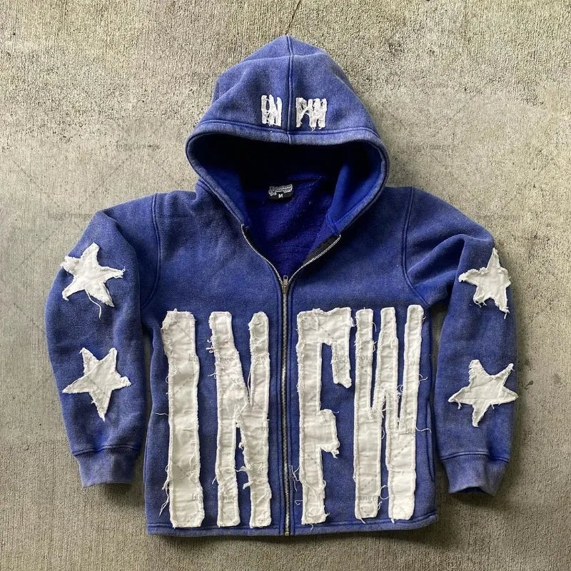 Autumn And Winter Hoodie Patchwork Letter Star Pattern Long Sleeved Pullover Hoodie Harajuku Fashionable Loose Versatile Jackets