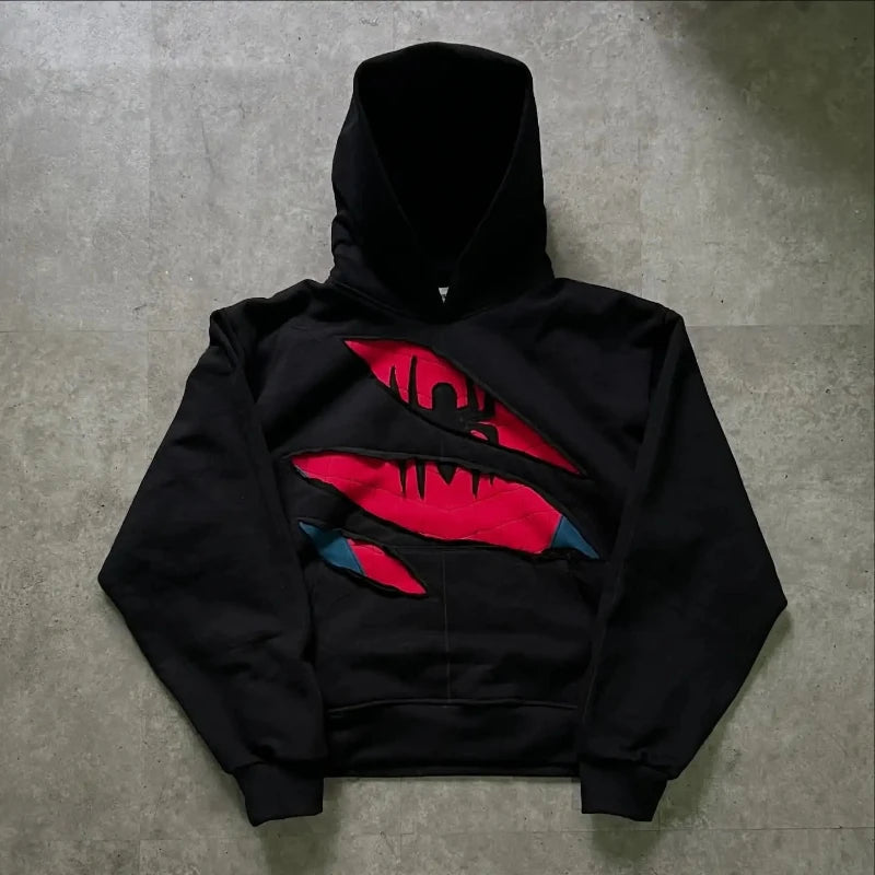 Mens Hoodie American Retro Spider Patchwork Zip Up Sweatshirt Harajuku Unisex Oversized Loose Fit Gothic Y2K Streetwear Fashion