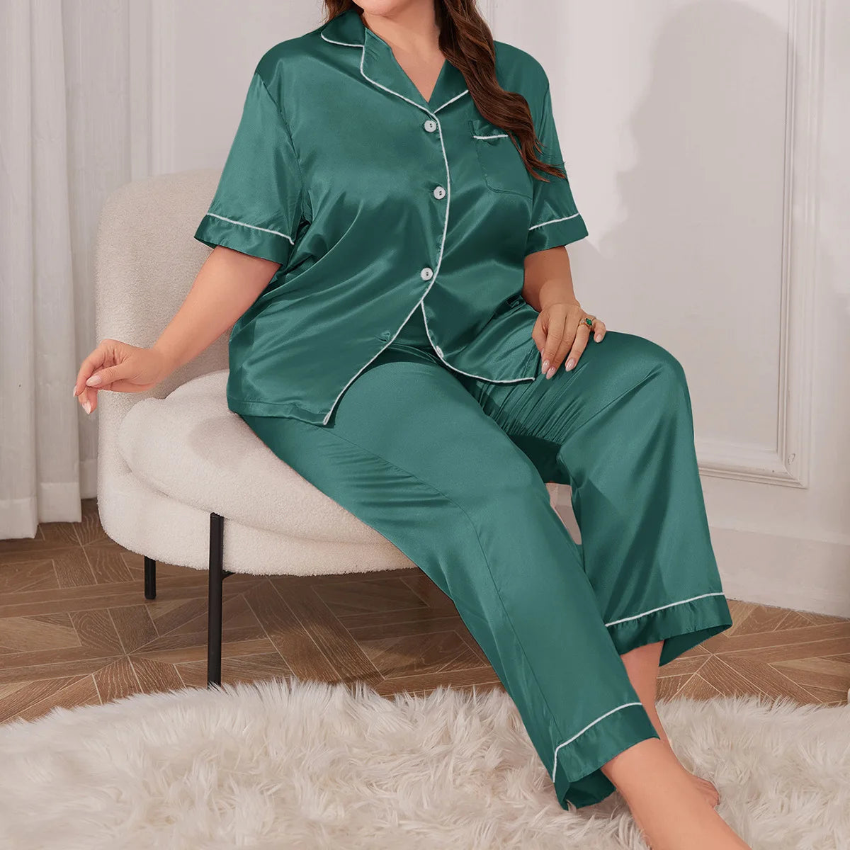 Female Pajama Two Piece Set Spring Summer Short Sleeve Trouser Suits Pyjama Plus Size Loose Ice Silk Home Clothes Lounge Wear
