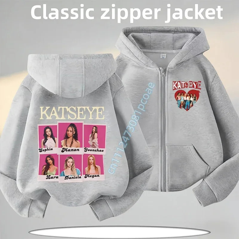 KATSEYE Children's Zippered Pullover Hoodie Boys' Sport Shirt Girls' Casual Top Cartoon Print 2026 New Fall/Winter Coat