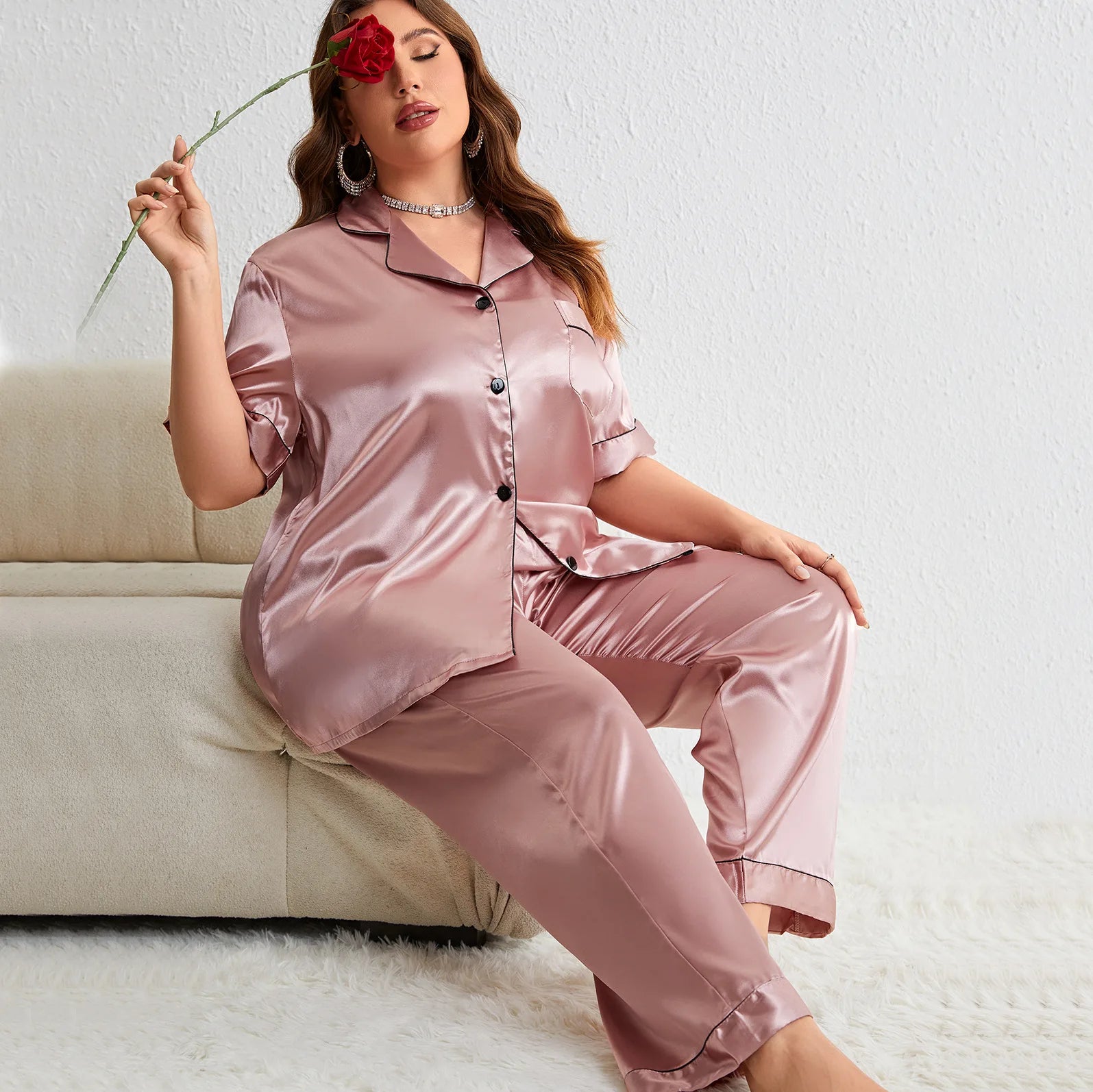 Female Pajama Two Piece Set Spring Summer Short Sleeve Trouser Suits Pyjama Plus Size Loose Ice Silk Home Clothes Lounge Wear