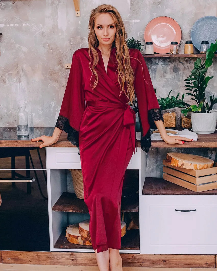 Sexy Women's Silk Satin Long Bathrobe Romance Lace Edge Kimono Robe Nightdress Nightgown Nightwear Sleepwear Home Clothes Female