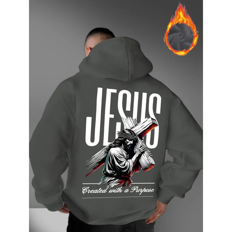 Men's Hooded Sweatshirt with JESUS Pattern Print Casual Loose Fit Lightweight Street Fashion Activewear Daily Wear for Teenagers