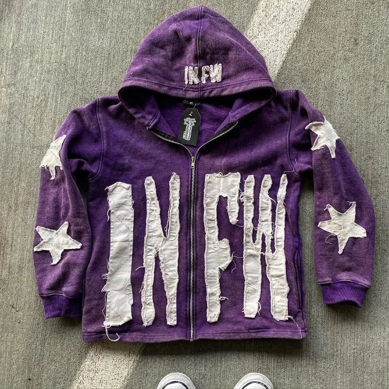 Autumn And Winter Hoodie Patchwork Letter Star Pattern Long Sleeved Pullover Hoodie Harajuku Fashionable Loose Versatile Jackets