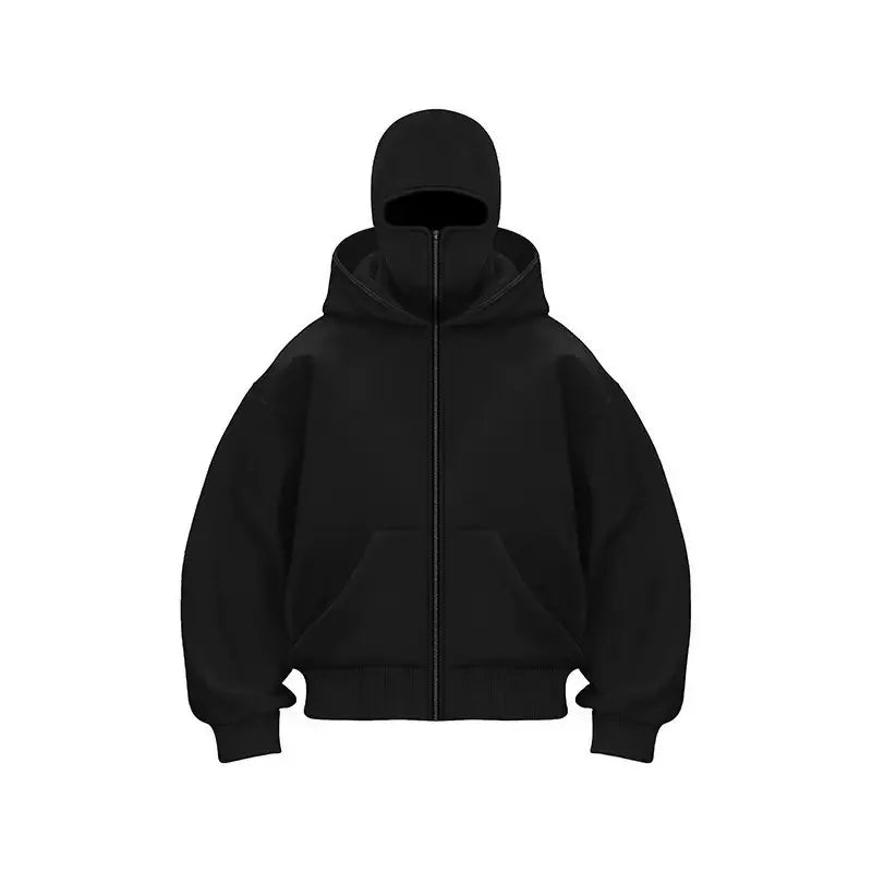 Autumn and Winter New Windproof Mask Double Hood Sweatshirt Unisex Full Zip Loose Fashionable Casual Street Coat