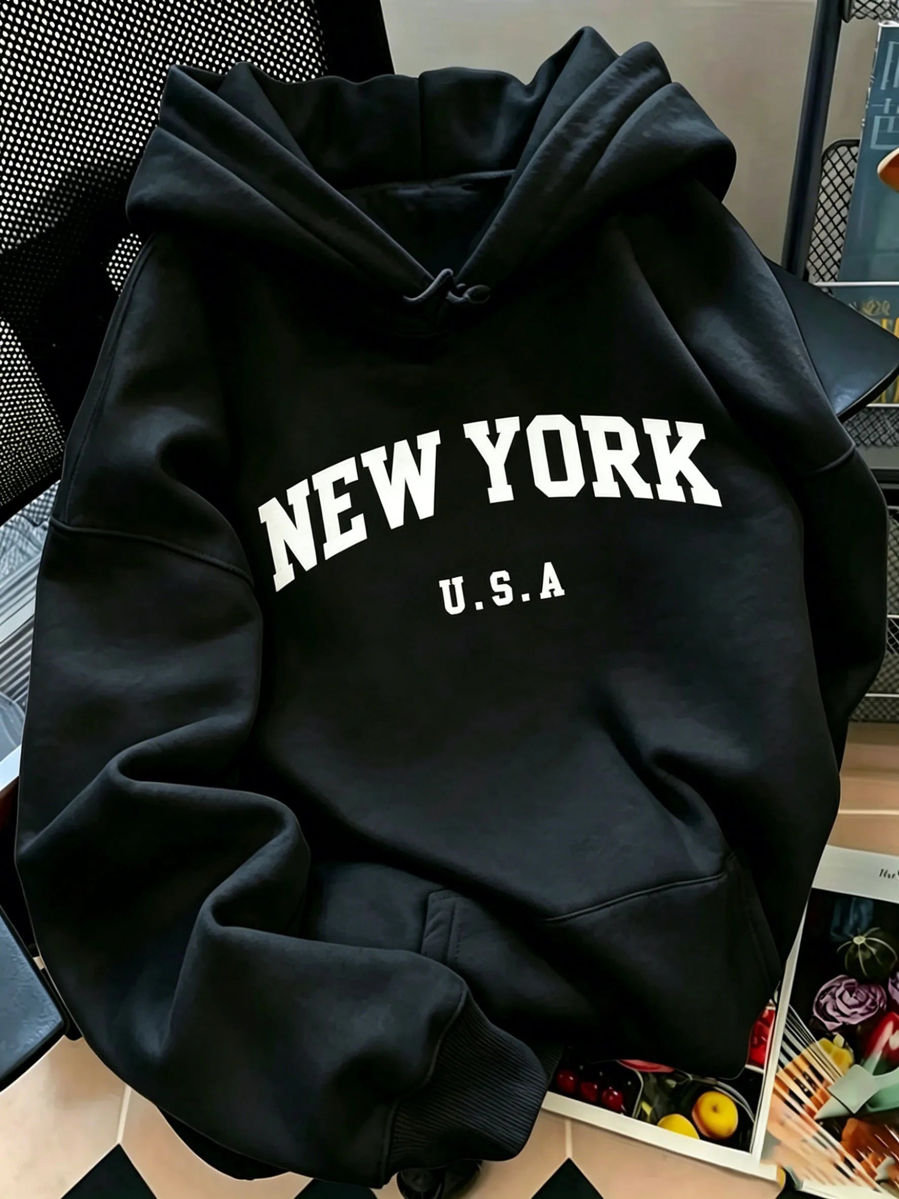 Men Women New York USA Graphic Hoodie  Loose Sweatshirt Vintage Streetwear Casual Soft Fleece Hooded Pullover Autumn Daily Wear