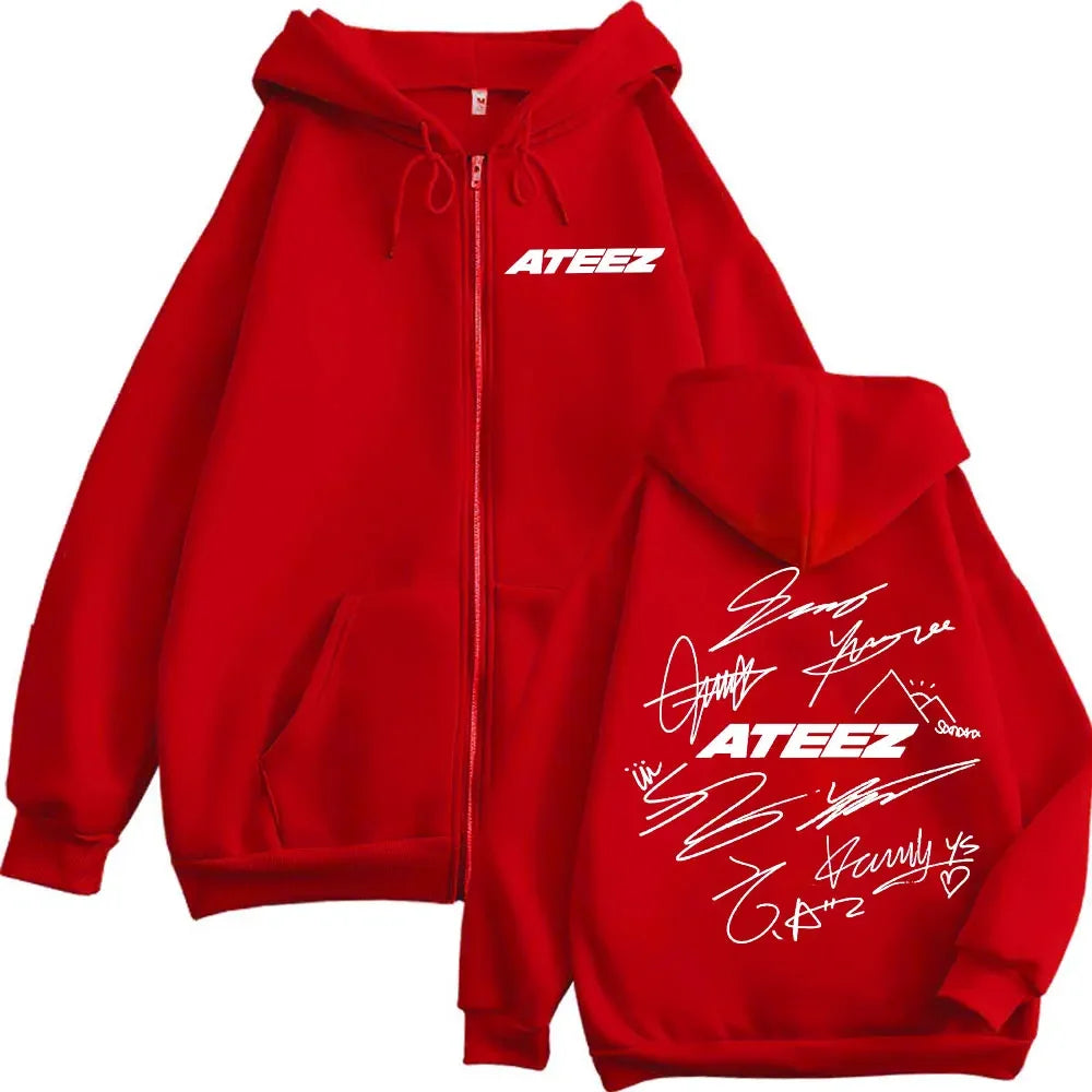Limited Kpop ATEEZ Logo Double Sided Print Zipper Hoodie Fashion Hip Hop Zip Up Sweatshirts Men Women Casual Oversized Pullovers