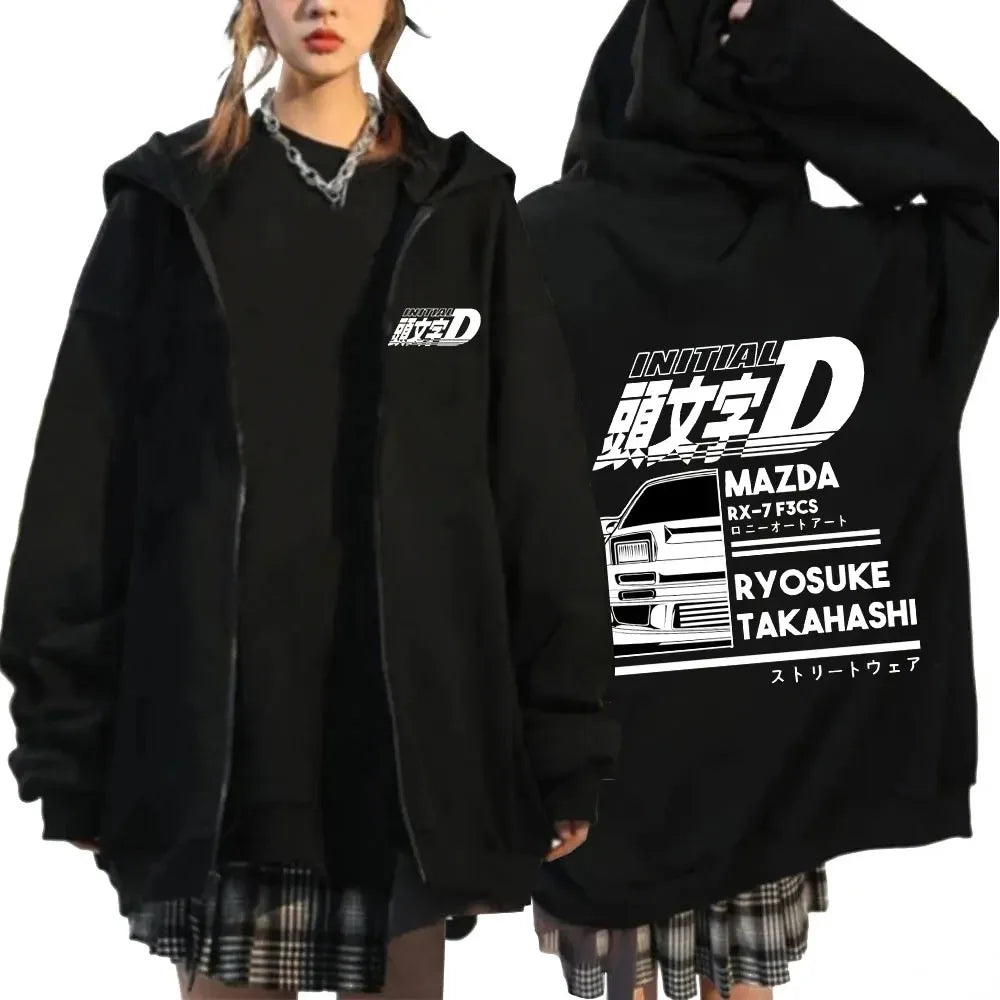 Initial D Zipper Hoodies Men's Clothing Autumn Winter Zip Up Hooded Sweatshirts Casual Vintage Loose Hoodie Jacket