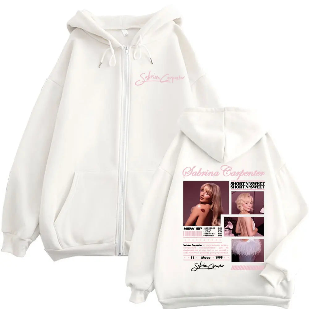 Sabrina Carpenter Short N' Sweet Merch Zipper Hoodie Fashion Aesthetic Zip Up Sweatshirt Men Women Oversized Casual Pullovers